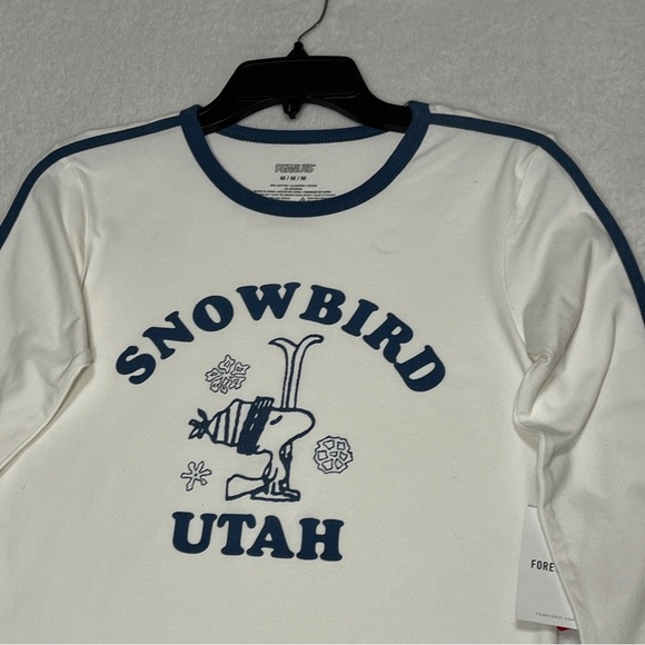 FOREVER 21 PEANUTS Long Sleeve Tshirt Woodstock "Snowbird Utah" White Blue Med. - Picture 3 of 12